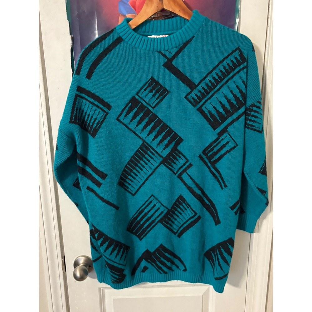 Vintage Pandora Sweater Mens Large Teal Black Geometric Abstract Knit 80s USA